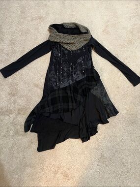 Black Mixed-Fabric Asymmetrical Dress with Knit Cowl